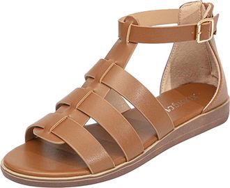 Generic Cocila Ladies Sandals Women Fashion Solid Roman Flat Bottom Comfortable Non Buckle Strap Shoes Brown, 5 Womens Walking Size 6 Wide Fit For Chunky Ball