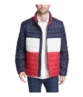 Tommy Hilfiger Mens Ultra Loft Packable Puffer Jacket Down Alternative Coat, Midnight/White/Red W/Patch, XXXL Tall