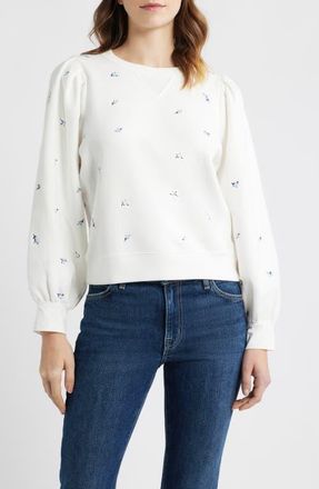 Rails Tiffany Floral Embroidered Balloon Sleeve Cotton Sweatshirt in Embroidered Blue Iris at Nordstrom, Size Xx-Small