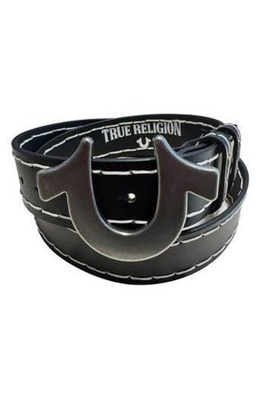 True Religion Lucky Break Horseshoe Buckle Leather Belt in Black/White at Nordstrom Rack, Size 42