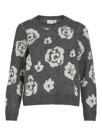 Vila Womens Jaquard Visiya O-Neck L/S Jacquard Knit Top, Medium Grey Melange, S