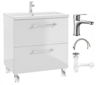 OEM Set Di Mobile Bagno Con Lavabo, Rubinetto E Sifone Da 80 Cm, A Pavimento, Bianco Lucido Cassandra