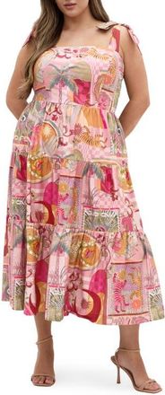 City Chic Ellessia Print Fit & Flare Midi Tie Shoulder Dress in Pink Dreamscape at Nordstrom, Size Xxxs