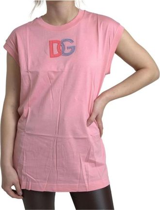 Dolce & Gabbana Roze Katoenen Tanktop met Logo - Dames - Tops zonder mouwen - Roze - S - Katoen - Tops