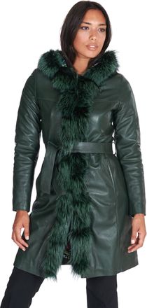 D'Arienzo Cappotto in pelle naturale verde con cappuccio bordato pelliccia DArienzo, Seleziona Taglia XL, Colore Verde