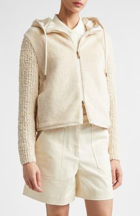 Moncler Hooded Mixed Media Cardigan in Ivory/White at Nordstrom, Size X-Large
