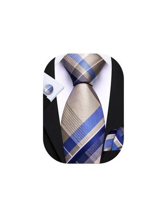 Barry.Wang Mens Tie Silk Champagne Blue Tartan Necktie Plaid Pocket Square Cuff Links Sets Wedding Business