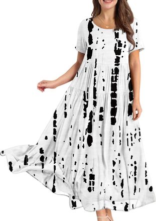 Generic Ladies Dresses Size 14 UK, Womens Plus Size Summer Maxi Dresses Casual Short Sleeve Crew Neck Swing Long Sundress Flowy Tiered Party Dress for Beach, 