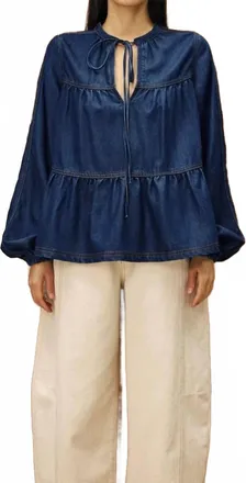 FRNCH Cixous Babydoll Blouse In Dark Wash Denim