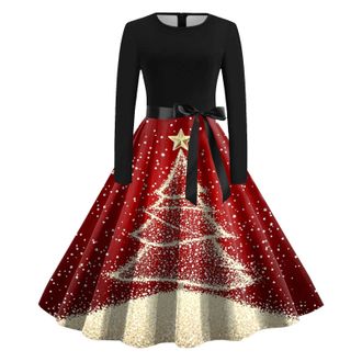 Generic Womens Christmas Party Dress Snowman Swing Long Sleeve O Neck Evening Party Dress Novelty Snowflake Printed Xmas Dresses Flared Swing Mini Dresses (Re