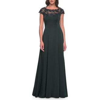 La Femme A-Line Satin Dress with Stunning Beaded Neckline and Short Sleeves in Emerald at Nordstrom, Size 2