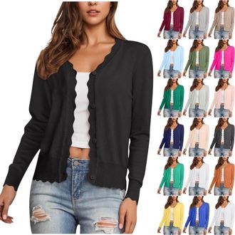 Generic Black Cardigans for Women UK Knit Long Sleeve Button Down Lightweight Ladies Scalloped Shrugs Jumper Cardigan Open Front Ladies Cardigans for Dress Su