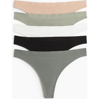 H&M 5-pack Seamless Thong Briefs in Khaki Green/beige/white at Nordstrom, Size X-Large