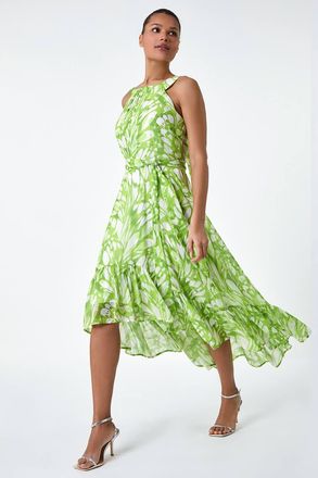 Roman Halter Neck Butterfly Print Asymmetric Dress