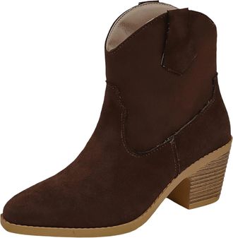 Generic Ankle Boots For Women Pointed Toe Chunky Block Heel Suede Cowboy Boots Western Style Retro Pull-On Booties Ladies Casual Shoes Autumn Winter Size 3.5
