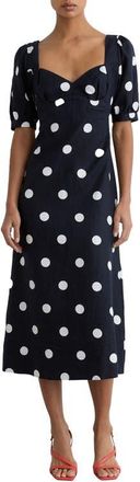 Reiss Astrid Polka Dot Puff Sleeve Open Back Linen Midi Dress in Navy/Ivory at Nordstrom, Size 10 Us
