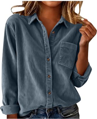 Generic GMQWRK Women Corduroy Shirt Stylish Casual Loose Button-Down Shirts with Front Pocket Button Cuff Long Sleeve Tops Ladies Collared Neck Blouse Office 