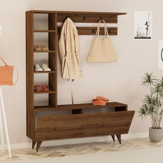 Dmora Mueble De Entrada Gordona, Perchero, 6 Estantes, Apertura Abatible, 120x32x162h Cm Marr&oacute;n Nogal