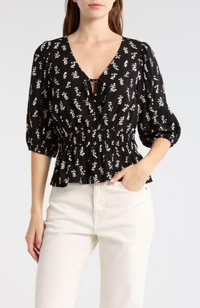 Melrose and Market Floral Smocked Peplum Top in Black- Ivory Maisie Leaves at Nordstrom Rack, Size Xx-Small