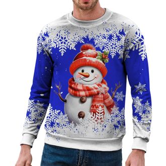 Generic Christmas Jumper 2025 for Men Christmas Sweatshirt Greeting Print O Neck Round Neck Long Sleeve No Hood Loose Fit Sweater Blue
