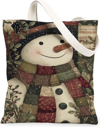 Generic Winter Snow Man Canvas Tote Bags, Holiday Pattern Reusable Grocery Bags, Vintage Lightweight Washable Shoulder Strap for Tr, Multicolor, 13x15 Inch