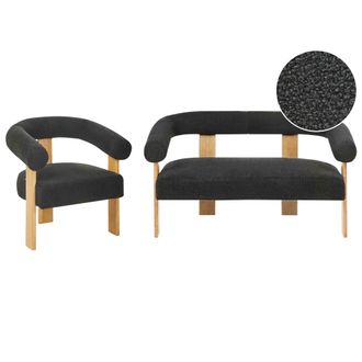 Beliani Conjunto De Sala De Estar Retro Sof&aacute; 2 Plazas Sill&oacute;n Tapizado De Boucl&eacute; Patas De Madera Negro Y Marr&oacute;n Claro Ilbro