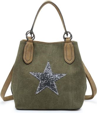 Generic Canvas Tote Bag with Sequin Star, Womens Shoulder Crossbody Handbag, PU Leather Trim, 24x24x16cm (Green)