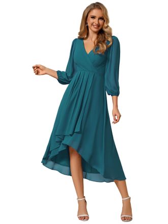Ever-pretty Womens Chiffon V Neck 3/4 Sleeves Pleated A-Line Midi Length Wedding Guest Dress Teal 12UK