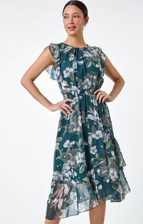 Roman Floral Frill Shirred Asymmetric Midi Dress
