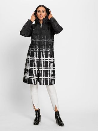 Heine Steppmantel HEINE, Damen, Gr. 34, schwarz (schwarz, ecru, bedruckt), 100% Polyester, Wattierung:70% Daunen, 30% Federn, M&auml;ntel Steppmantel