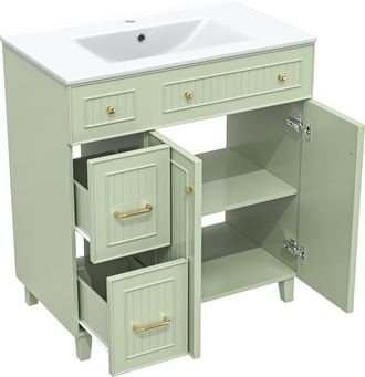 STILVORA Mueble Bajo Lavabo Con Cajones Y 1 Puerta, Superficie Lacada, Lavabo De Ceramica, Patas De Madera, Bano, Mdf, Verde