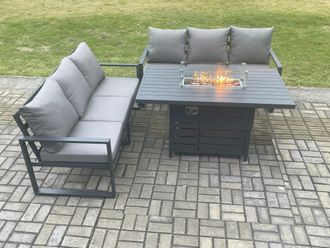 Fimous Aluminium 6 Seater Outdoor Garden Furniture Lounge Sofa Set Gas Fire Pit Dining Table Sets in Dark Grey