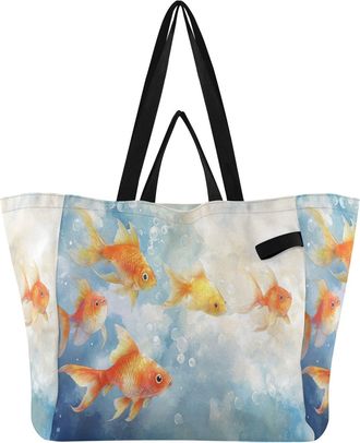 Generic Bubbles Goldfish White print Reusable Canvas Tote Bag, Heavy Duty Grocery Shopping Bag with Double Handles Large Capacity Hard Bottom Work Groceries T