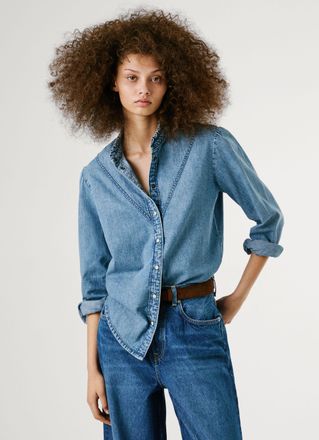 Pepe Jeans London Jeansbluse PEPE JEANS REGULAR DENIM BLOUSE, Damen, Gr. S, blau (light blau used), Web, Obermaterial: 100% Baumwolle, regular fit, angesetztes B&uuml;ndchen