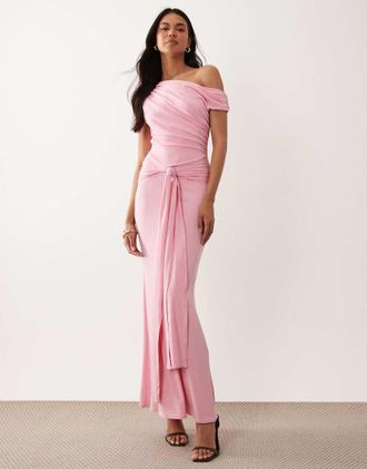 Tfnc Vestito lungo monospalla sinuoso rosa zucchero con drappeggio