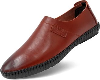 Generic Mens Loafers Shoes Round Toe Soft Breathable Genuine Leather Resistant Lightweight Anti-Slip Classic Outdoor Slip On(Brown,5.5 UK)