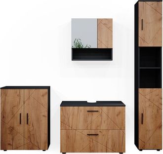 Vicco Conjunto De Muebles De Ba&ntilde;o Irma, Oro Power Roble/antracita, 4 Piezas, Con Cajonera Y Mueble Alto