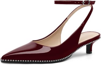 EDEFS Womens Burgundy Patent Leather Pointed Toe Ankle Strap Heels - 1.5 Kitten Heel Studded Slingback Pumps for Party