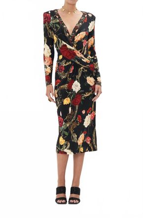 Camilla V-Neck Midi Cross Front Dress In Magic In The Manuscripts