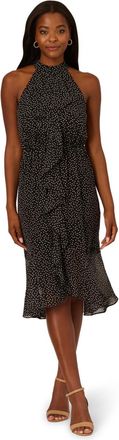 Adrianna Papell Womens Shirred Dot Chiffon Midi Dress - Black - Size 12 UK