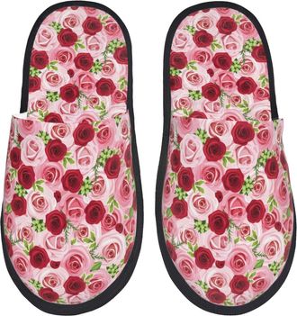 Generic House Shoes Rose Flowers Print Plush Hotel Slippers Soft Comfortable Spa Slippers Family Bedroom L