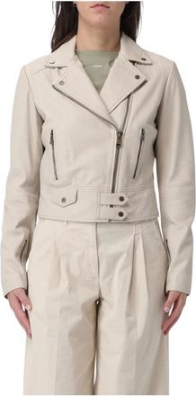 Pinko Pinko, Jassen, Dames, Beige, M, Leer, Cropped Asymmetrische Leren Jas