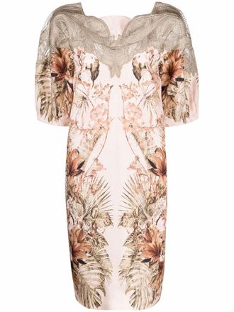 Alberta Ferretti macram&eacute; detailing floral-print shift dress - women - Polyamide/Silk/Cupro - 44 - Neutrals