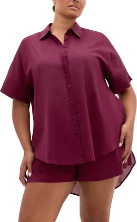 City Chic Oversize Longline Cotton Button-Up Shirt in Pomegranate at Nordstrom, Size Xxxs