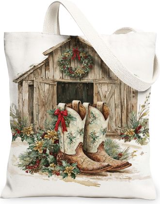 Generic Western Canvas Tote Bags, Holiday Cowboy Boots Floral Design Reusable Grocery Bags, Winter Vintage Lightweight Washable Sho, White, 13x15 Inch