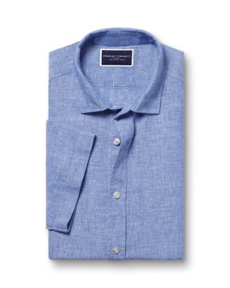 CHARLES TYRWHITT Pure Linen Short Sleeve Shirt - Cobalt Blue Size Large by Charles Tyrwhitt