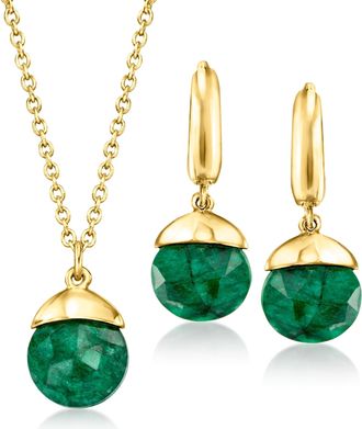 Ross-Simons Emerald Jewelry Set: Drop Earrings and Necklace in 18kt Gold Over Sterling