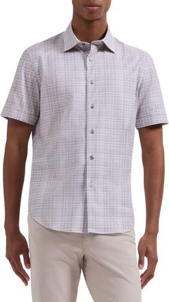 Bugatchi Miles OoohCotton Shadow Plaid Short Sleeve Button-Up Shirt in Limestone at Nordstrom, Size Xxx-Large