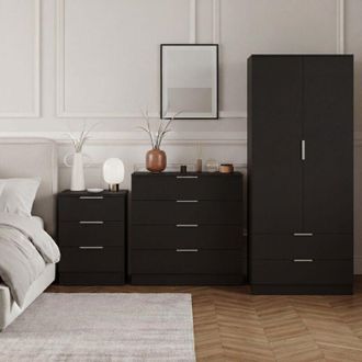 Home Discount Trega 3pc Bedroom Furniture Set - 3 Drawer Bedside, 4 Drawer Chest & 2 Door Wardrobe, Black