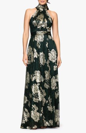Betsy & Adam Crinkle Metallic Floral Gown in Hunter/Gold at Nordstrom, Size 2